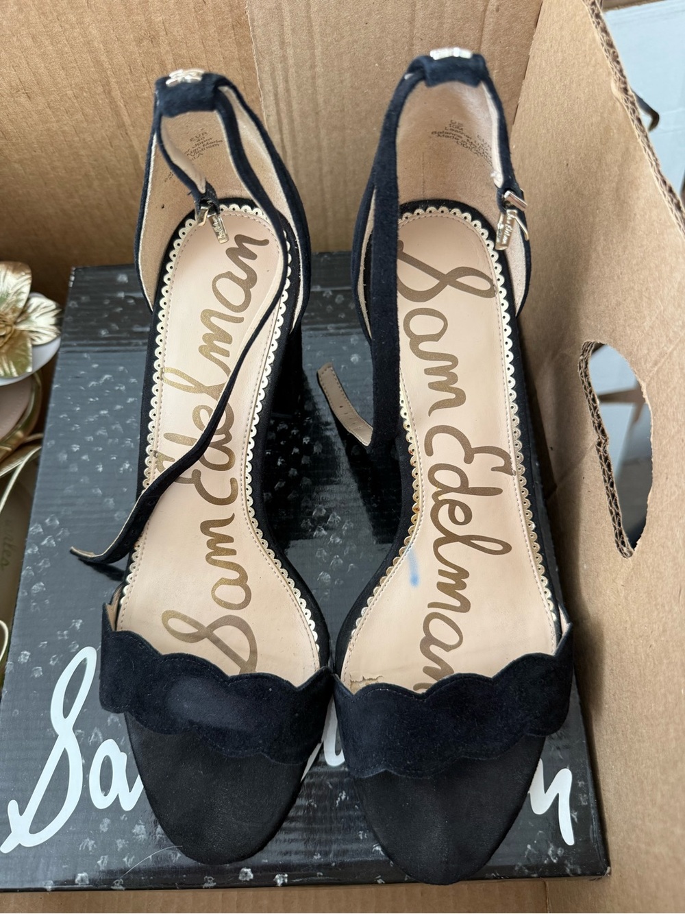 Sam Edelman Odila Black Suede Scalloped Ankle-Strap Heels